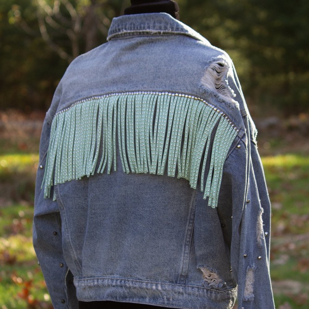 UPCYCLED Denim Distressed Suede Fringe Jacket and Studs
